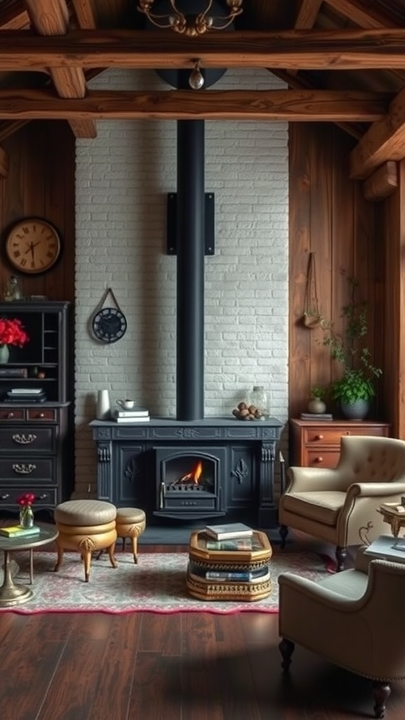 Cozy rustic living room featuring a black fireplace against a white brick wall, wooden beams, and warm furniture.