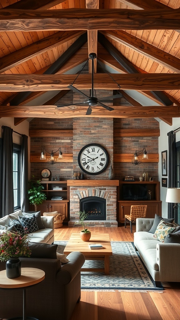 A rustic living room featuring wooden beams, a brick fireplace, black accents, and cozy furniture.