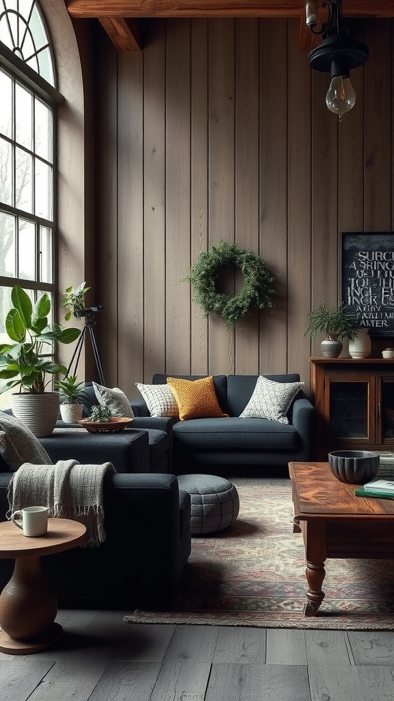 A rustic living room with black furniture, wooden wall panels, and plants, featuring a cozy atmosphere