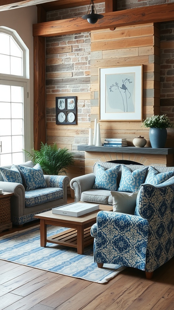 A rustic living room featuring blue and white patterned textiles on sofas, a wooden coffee table, and a warm wooden floor.