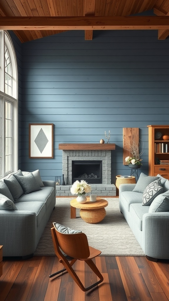 A cozy living room featuring blue shiplap walls, gray sofas, a round coffee table, and a rustic fireplace.