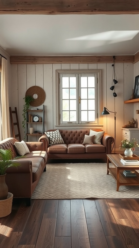 A rustic living room featuring a brown leather sofa, wooden ceiling beams, and natural light.