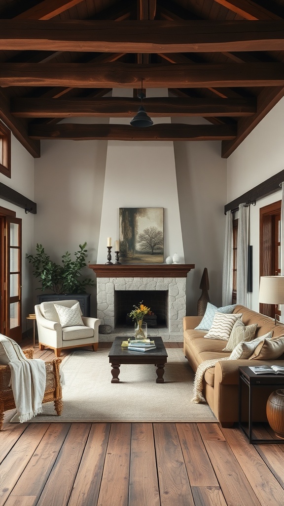 A rustic living room featuring dark wood beams, a stone fireplace, and comfortable seating.