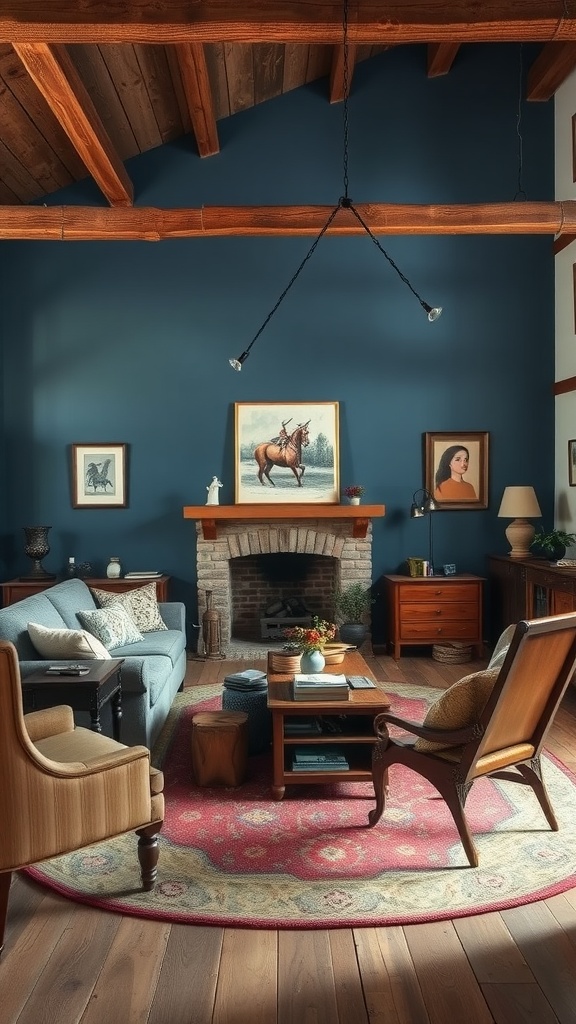 Cozy living room with denim blue accent wall, wooden beams, and rustic decorations.