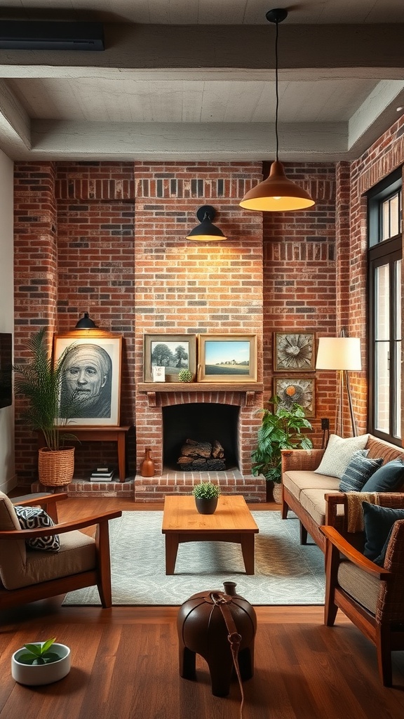 A cozy living room featuring an exposed brick accent wall with wooden furniture and decorative plants.