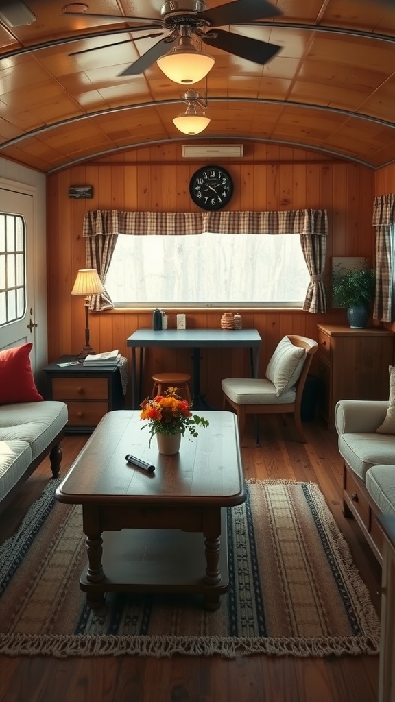 A rustic trailer house living room with wood paneling, a wooden coffee table, and cozy seating.