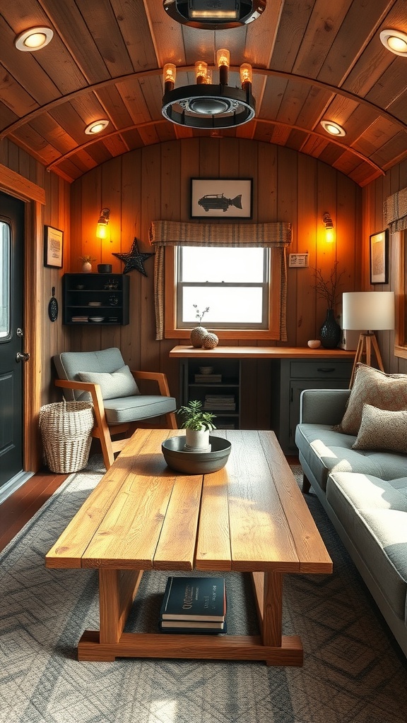 A rustic trailer house living room featuring wooden walls, a wooden coffee table, and cozy seating.