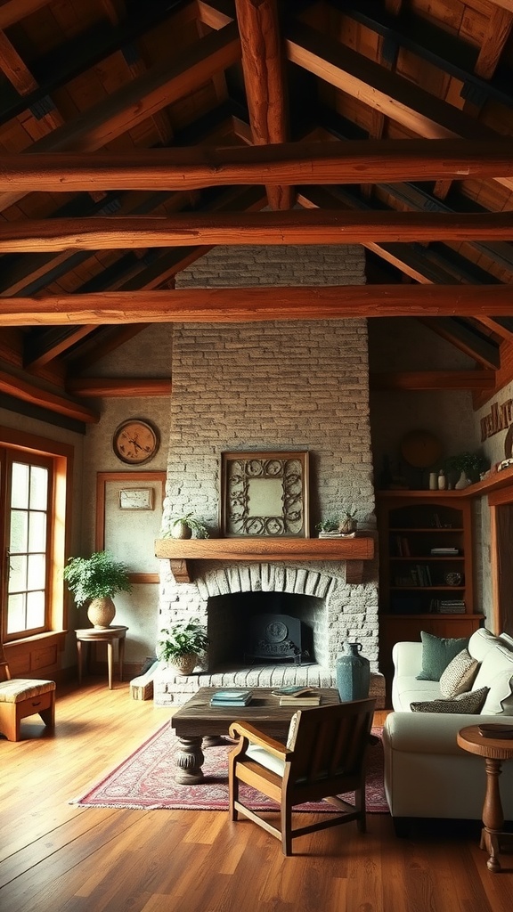 A cozy living room featuring wooden beams, a stone fireplace, and warm furnishings.