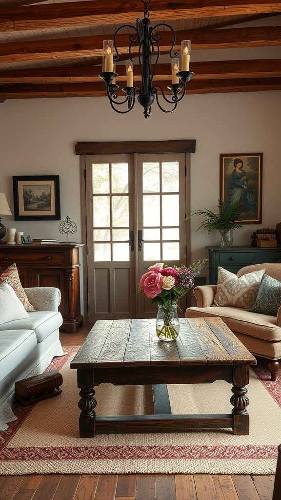 Rustic coffee table in a cozy French country living room with soft furnishings and a chandelier.