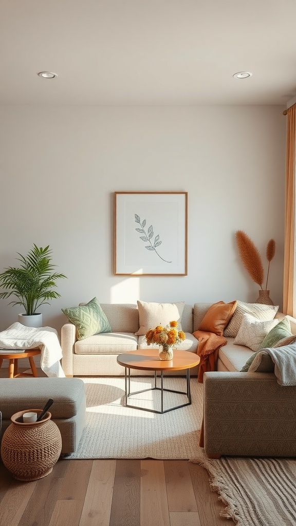 A cozy rustic living room featuring soft earth tones, natural materials, and decorative plants.