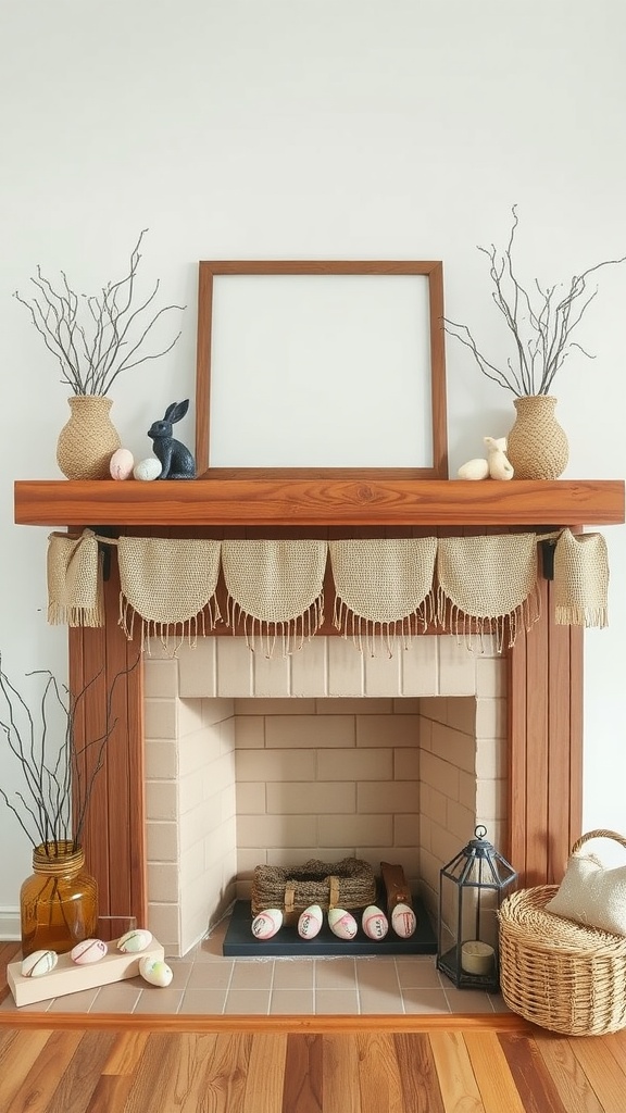 A rustic Easter-themed fireplace mantel decorated with pastel eggs, bunny figurines, and natural branches.