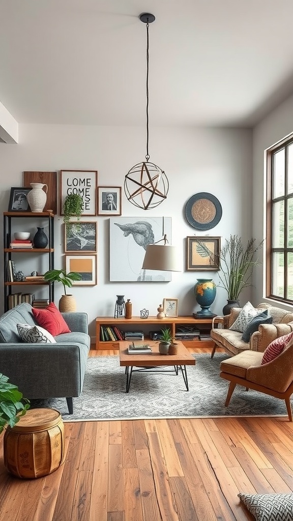 A modern boho living room featuring rustic wood flooring, eclectic art, and cozy furniture.