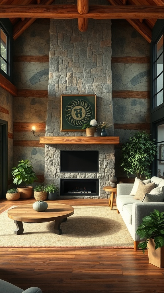 A rustic living room featuring a stone fireplace, wooden beams, and forest green decor