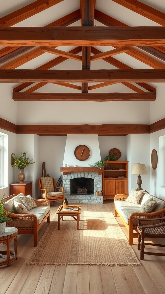 A cozy living room featuring rustic farmhouse design with wooden beams, natural wood furniture, and a stone fireplace.