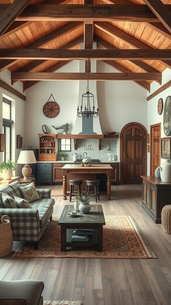 Cozy rustic farmhouse kitchen and living room with exposed wooden beams, plaid sofa, and wooden furniture.