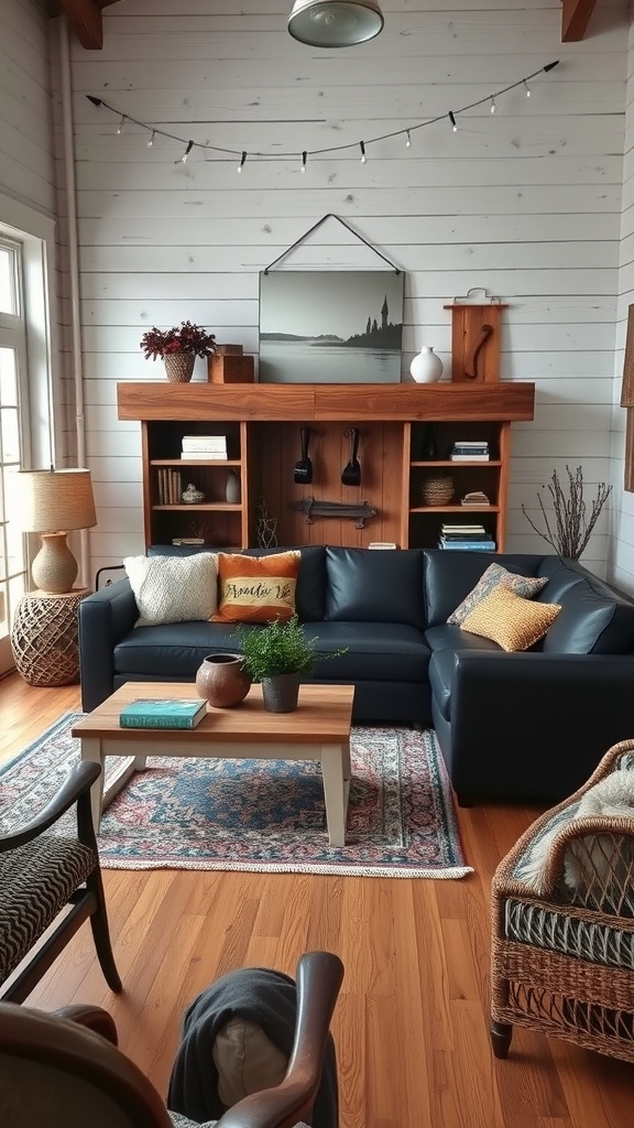 A cozy living room featuring a black couch, wooden shelving, and rustic decor.