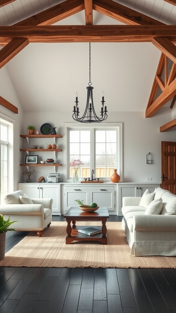 A rustic farmhouse living room with wooden beams, a black floor, and cozy furnishings.