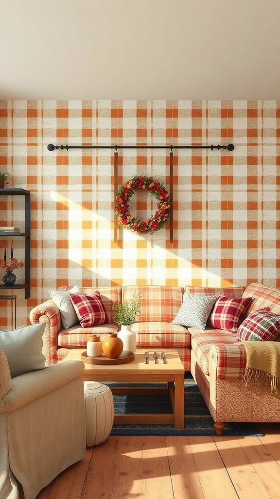 A cozy living room with checkered wallpaper, plush couches, and a decorative wreath.