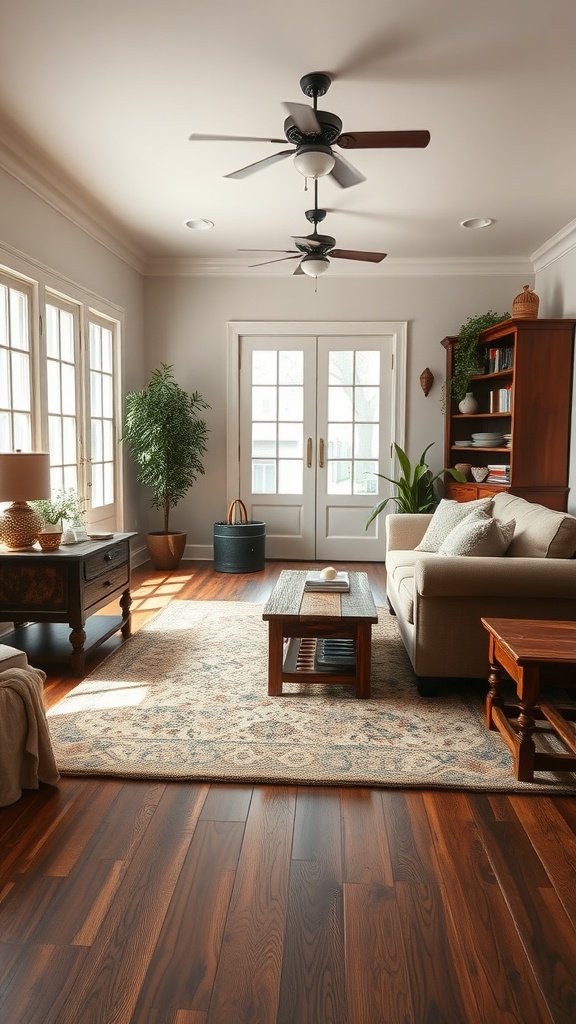 A cozy living room with wooden floors, a soft area rug, and farmhouse-style furniture.