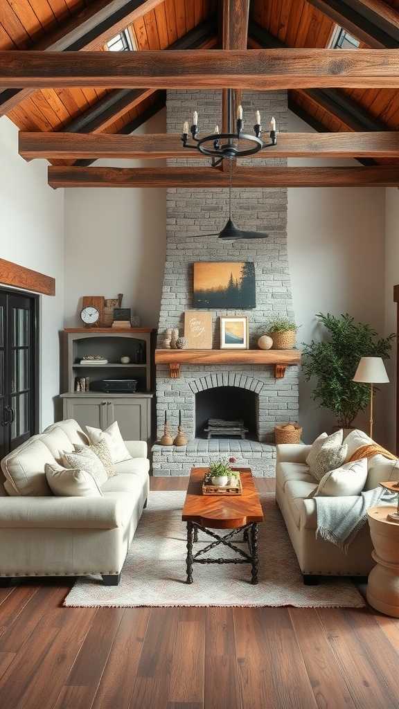 A cozy rustic farmhouse living room featuring wood beams, a stone fireplace, and comfortable sofas.