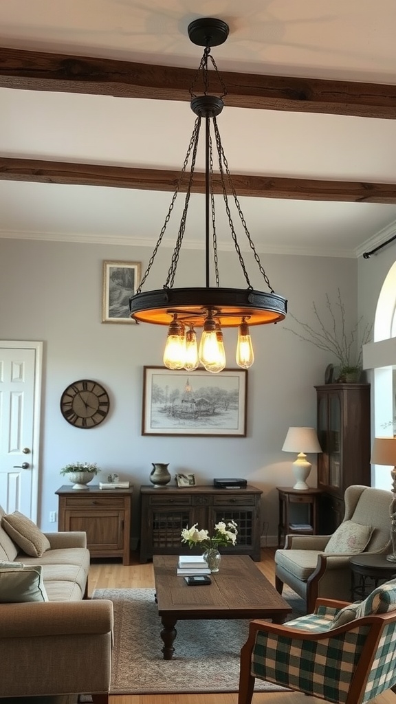 A rustic farmhouse living room featuring a stylish chandelier with exposed bulbs and warm wooden accents.