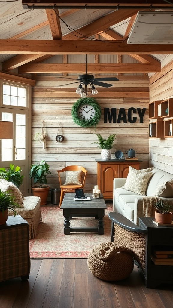 A cozy rustic farmhouse living room featuring wooden beams, a comfy couch, plants, and a warm color palette.