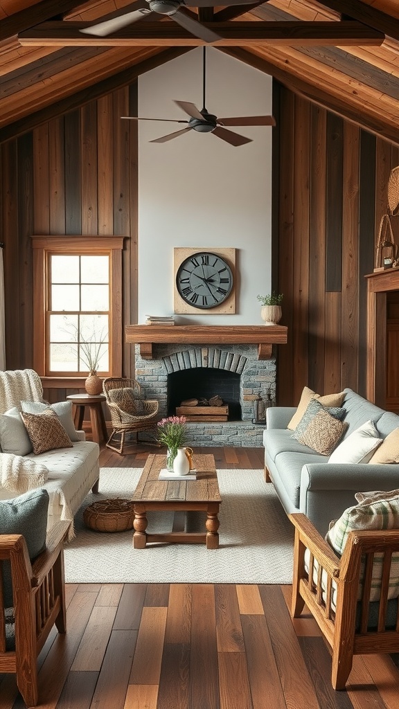 Cozy rustic farmhouse living room with wooden walls, a fireplace, and comfortable seating.