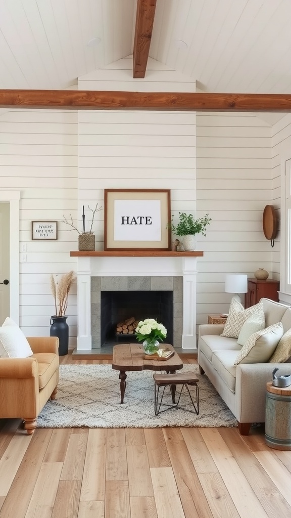 Living room featuring rustic farmhouse charm with off-white walls, wooden beams, a fireplace, and cozy furniture.