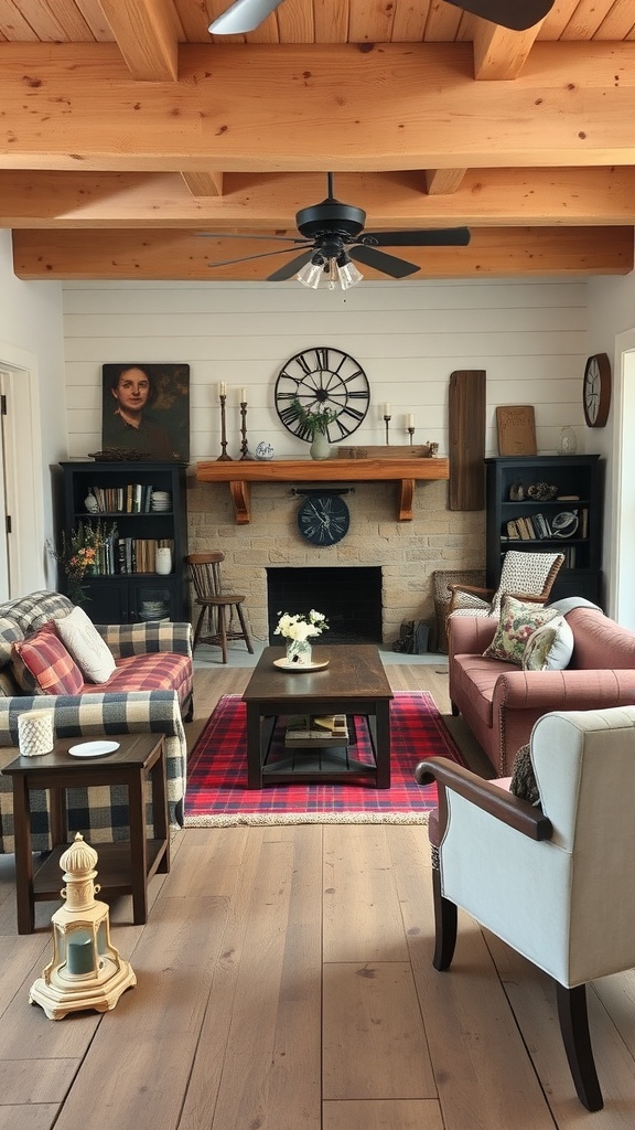 A rustic farmhouse living room featuring wooden beams, a stone fireplace, and cozy seating with plaid and floral patterns.