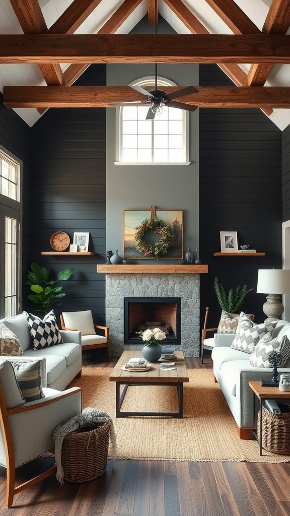 A rustic living room featuring black shiplap walls, wooden beams, and cozy furniture.