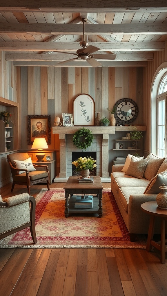 A cozy living room with rustic farmhouse decor featuring wooden beams, neutral colors, a coffee table, and comfortable seating.