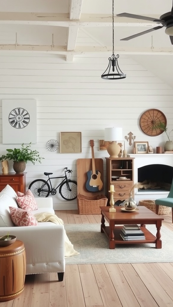 A cozy rustic farmhouse living room with shiplap wall, wooden furniture, and soft seating.