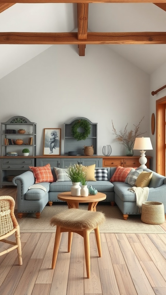 A rustic farmhouse living room featuring a grey couch, wooden flooring, and natural decor elements.