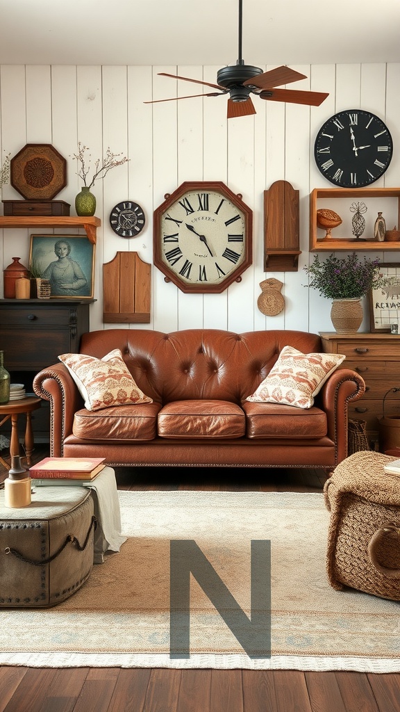 Cozy living room featuring a brown leather sofa, vintage decor, and rustic elements.