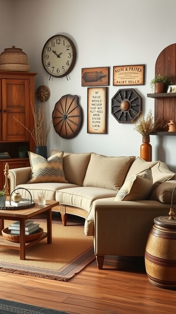 A rustic farmhouse living room with a comfortable sectional sofa, wooden decor, and warm lighting.