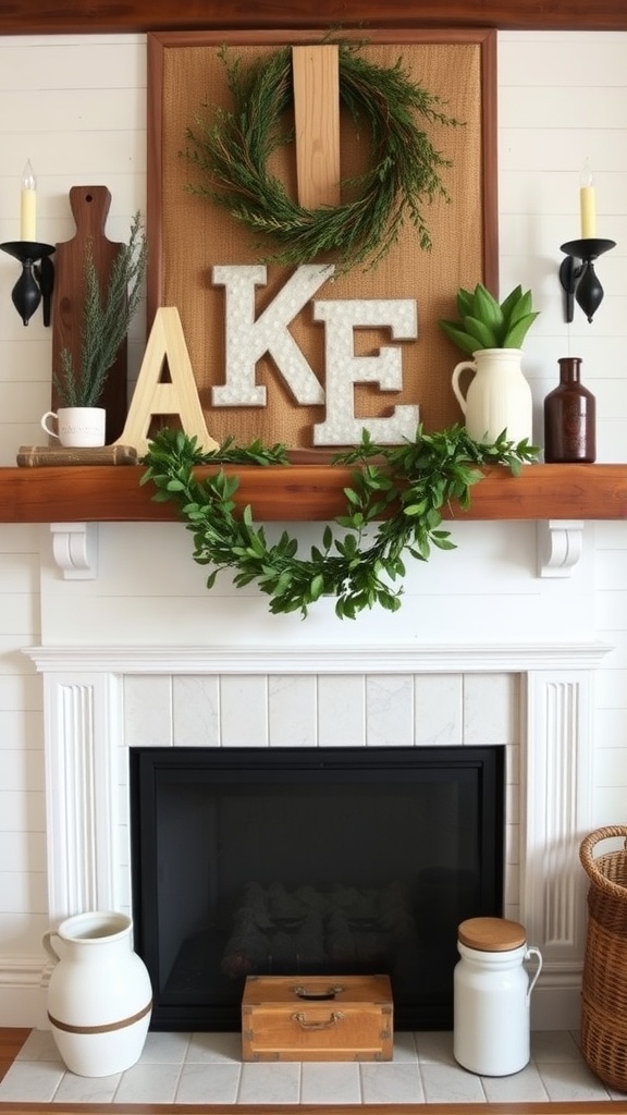 A rustic farmhouse style summer mantel decorated with a green wreath, wooden letters, and natural elements.