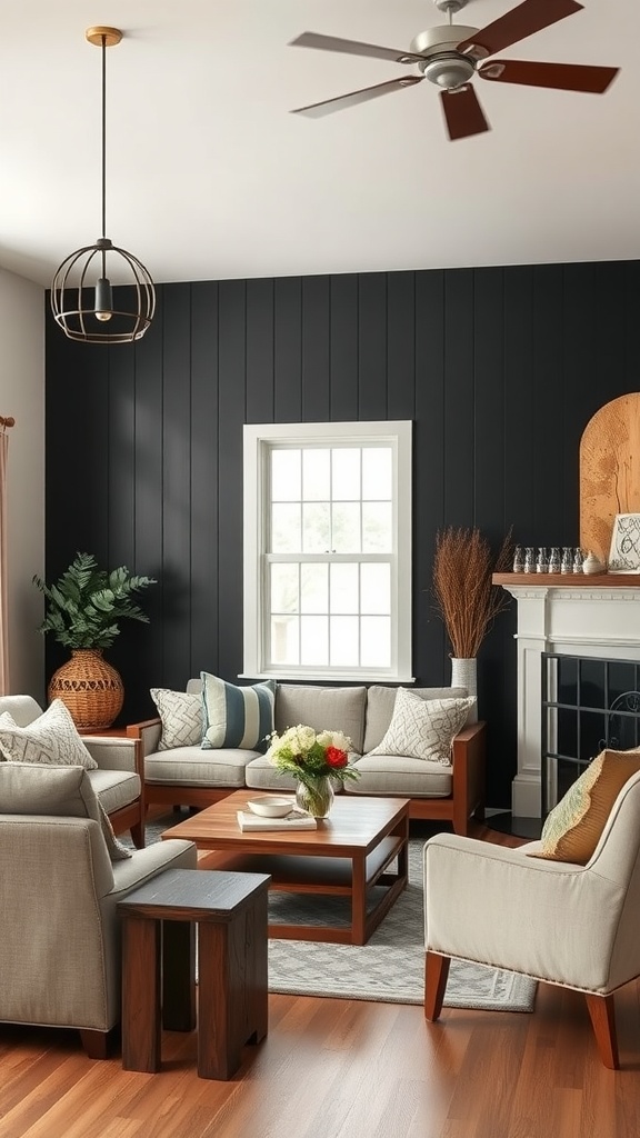 A rustic farmhouse living room featuring a black accent wall, beige sofas, wooden furniture, and a floral centerpiece.