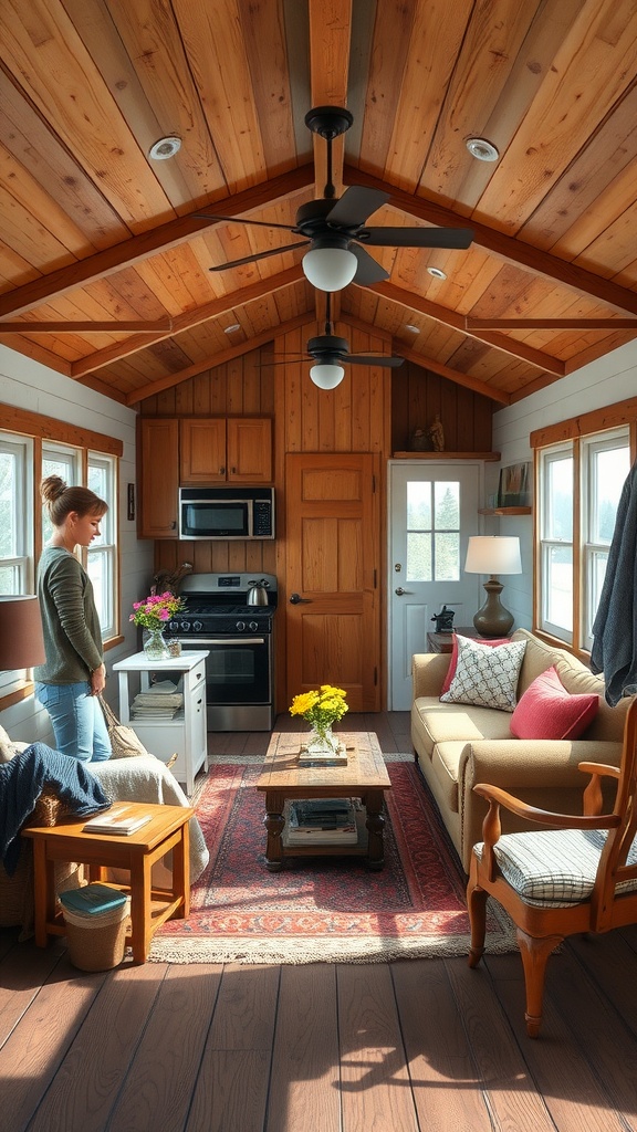 A cozy mobile home living room featuring rustic farmhouse decor with wooden beams, a sofa, coffee table, and floral arrangements.