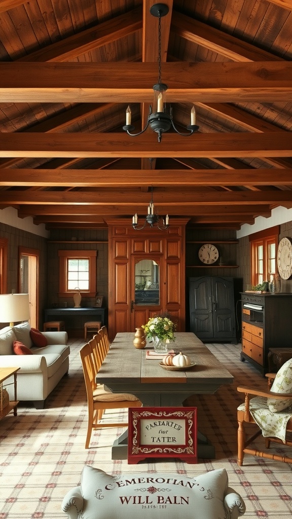 A cozy living room and dining area with wooden beams, a large dining table, and warm decor