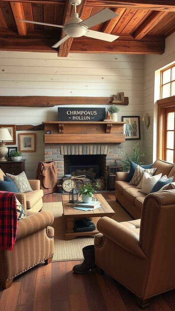 Cozy rustic farmhouse living room with brown textiles and wooden beams, featuring comfortable seating and a fireplace.