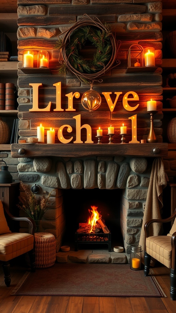 A cozy rustic fireplace with stone walls, candles, and comfy seating, creating a warm atmosphere.