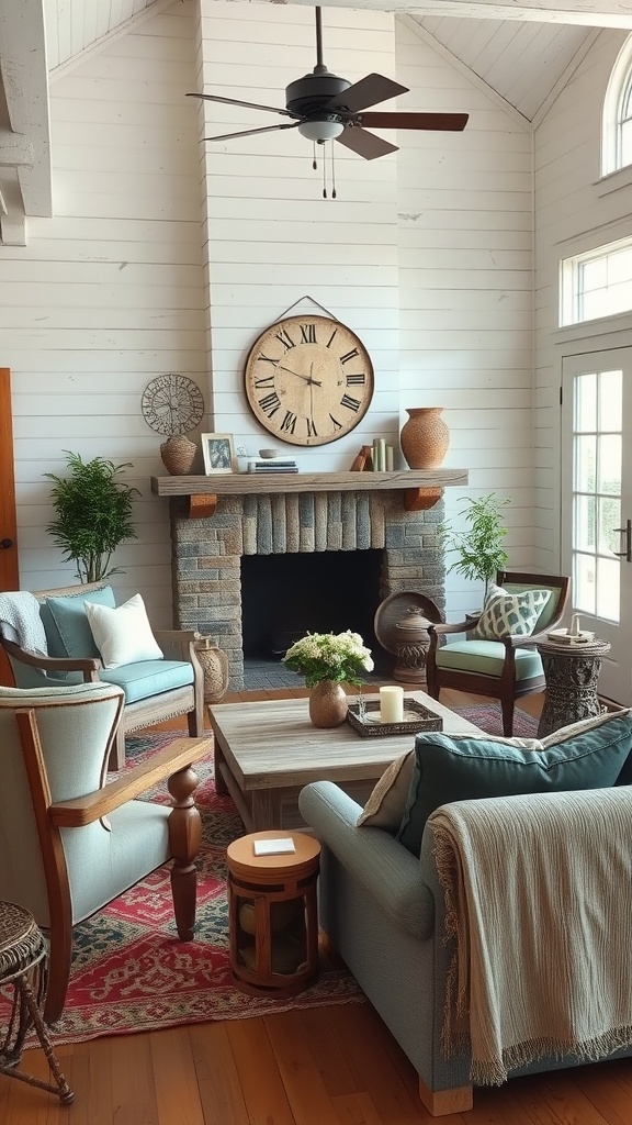 Cozy coastal living room with rustic furniture, a fireplace, and plants.