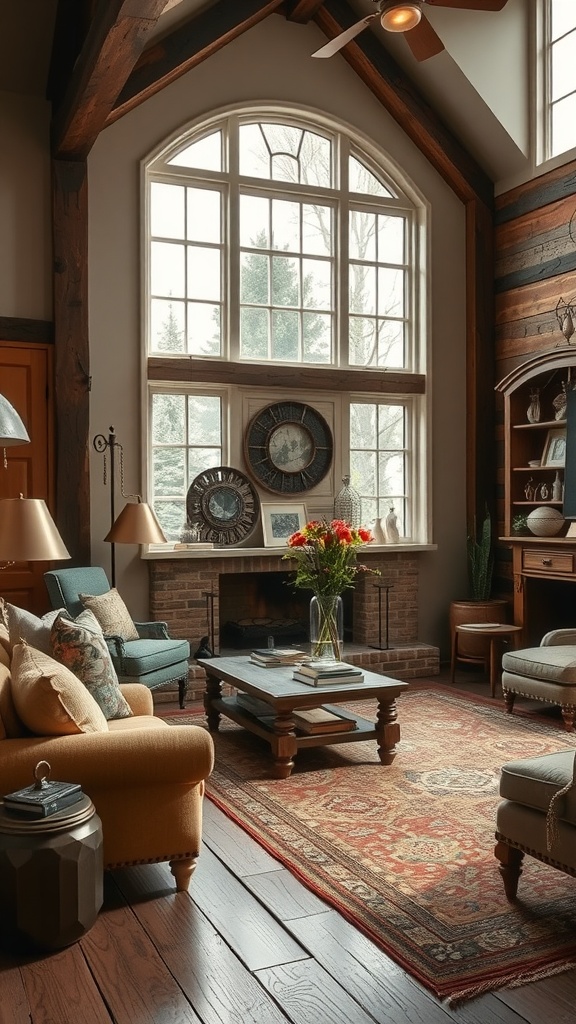 A traditional living room featuring rustic gold elements, large windows, and comfortable furniture.