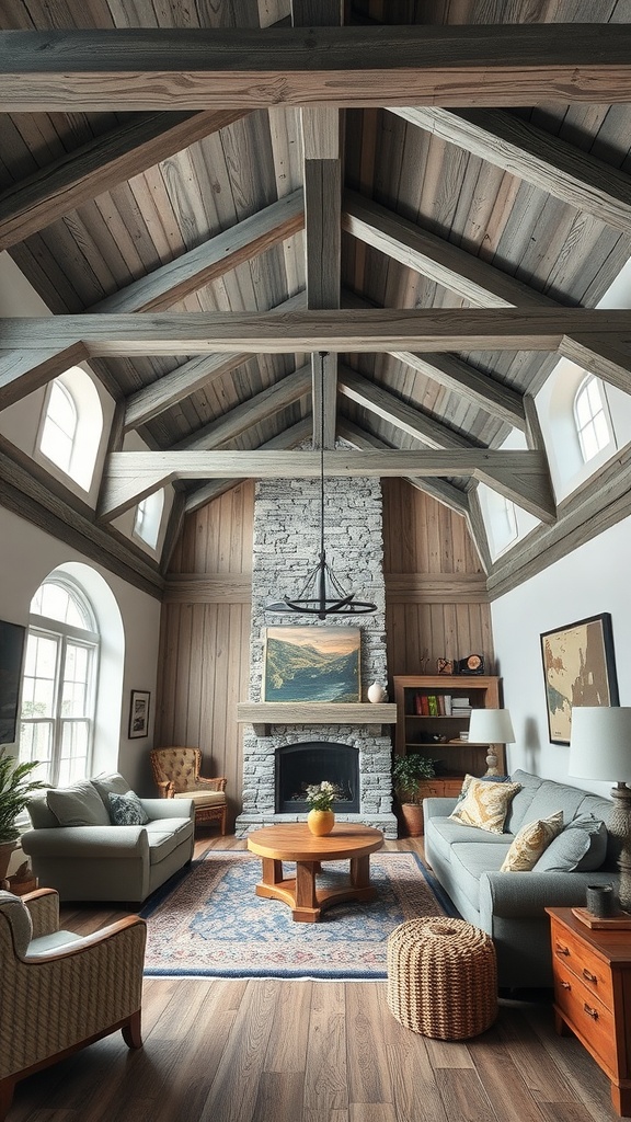 A cozy living room featuring rustic gray beams, a stone fireplace, and comfortable furniture