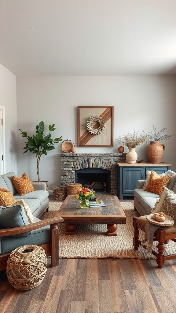 A cozy living room with rustic gray wood furniture, featuring soft gray sofas, a wooden coffee table, and natural decor elements.