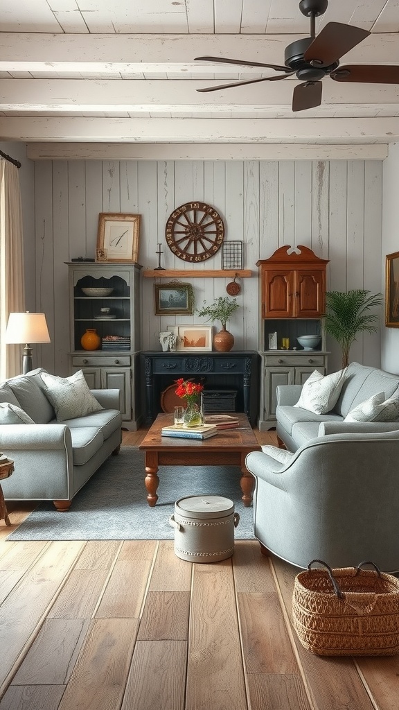 A rustic living room featuring grey sofas, a wooden coffee table, and decorative elements on the walls.