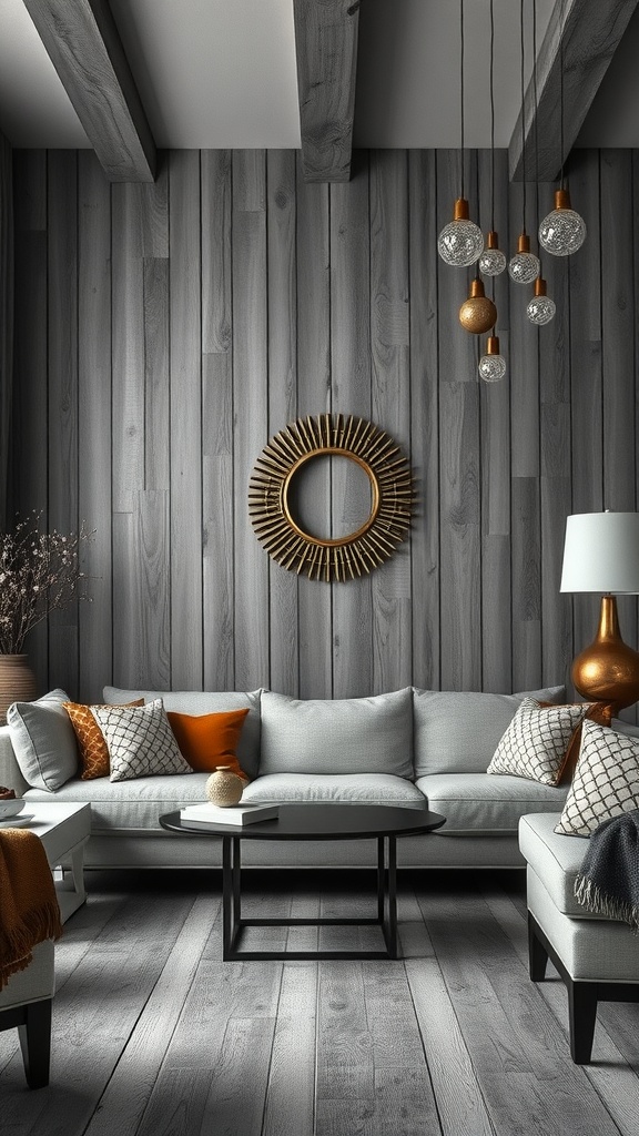 Cozy living room featuring rustic grey wood walls, gold accents, and a light-colored sofa with decorative pillows.