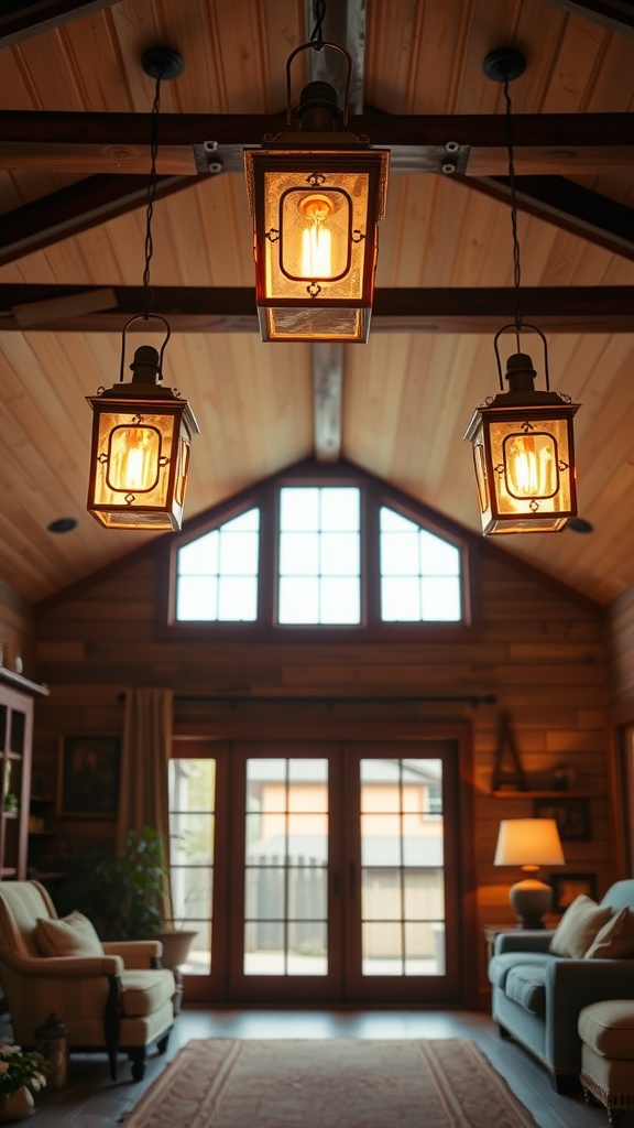 Three rustic lanterns hanging from a wooden ceiling in a cozy living room with large windows.