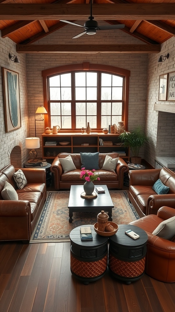 A rustic sunken living room featuring leather sofas, a central coffee table, and warm wooden accents.