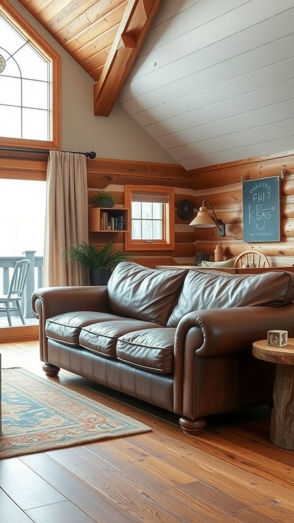 Cozy living room featuring a rustic leather sofa, wooden walls, and large windows.